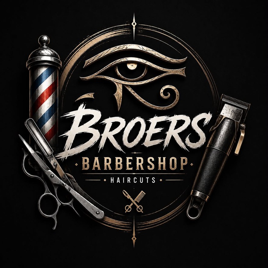 Logo van Broers Barbershop: embleem met barberpaal, tondeuse, schaar en scheermes